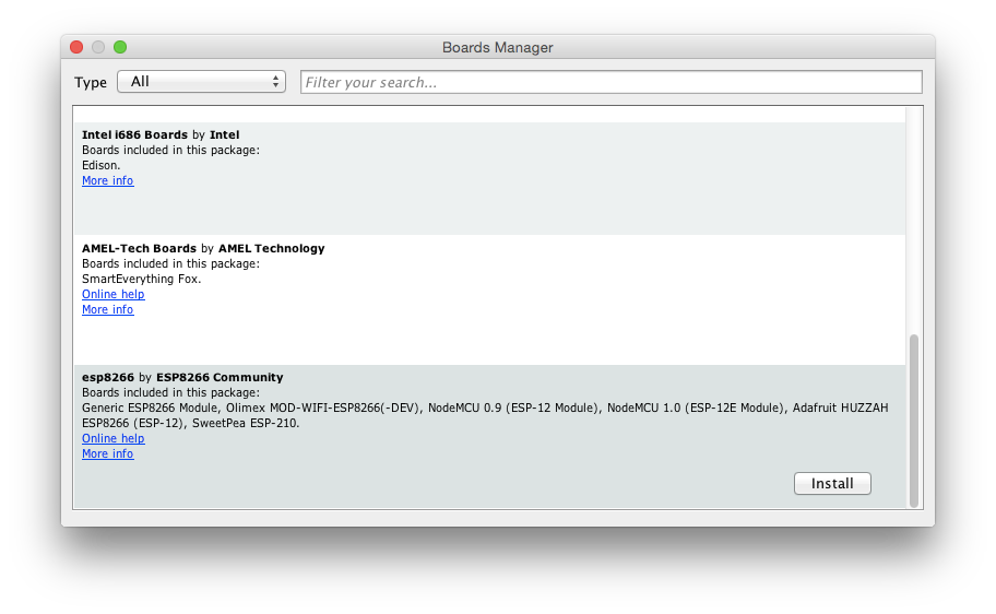 Arduino IDE boards manager selection for ESP8266