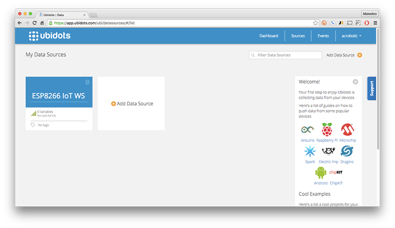 Adding a Data Source on Ubidots 